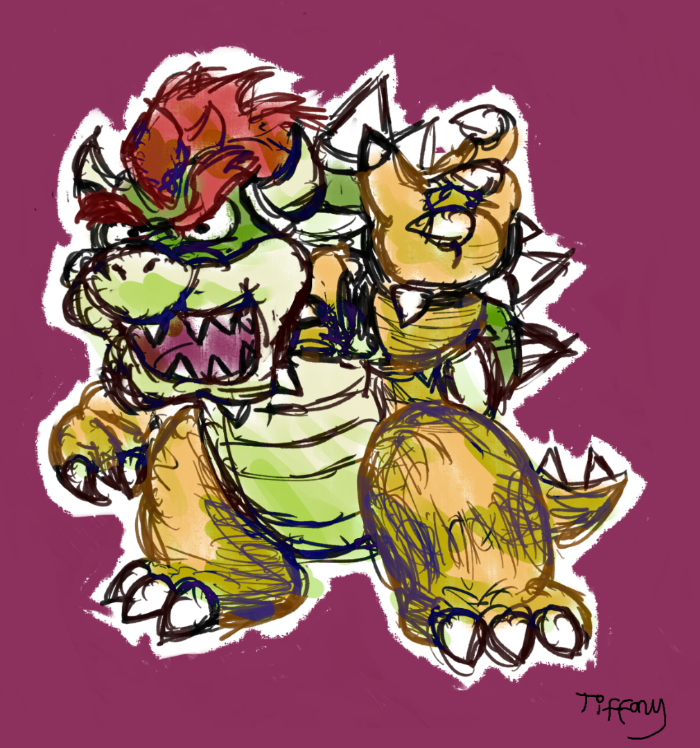 Sketch of a turtle dragon creature with a spiked shell, Bowser from the Super Mario games.